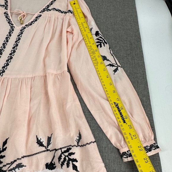 Venus Peachy Pink Top Embroidered Long Sleeve Boho Loose Fit Pleated Small - Picture 9 of 16